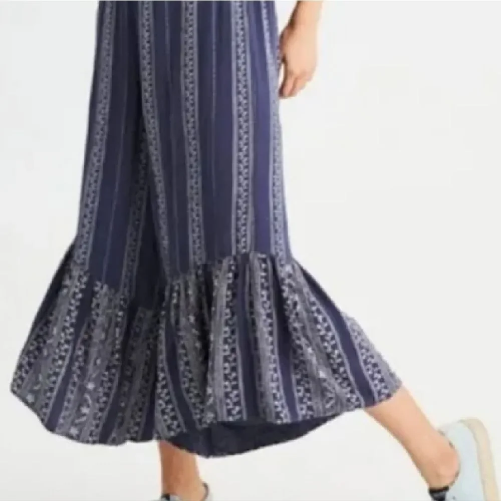 Japna Blue Striped Strapless Ruffle Top Boho‎ Crop Flare Jumpsuit Large